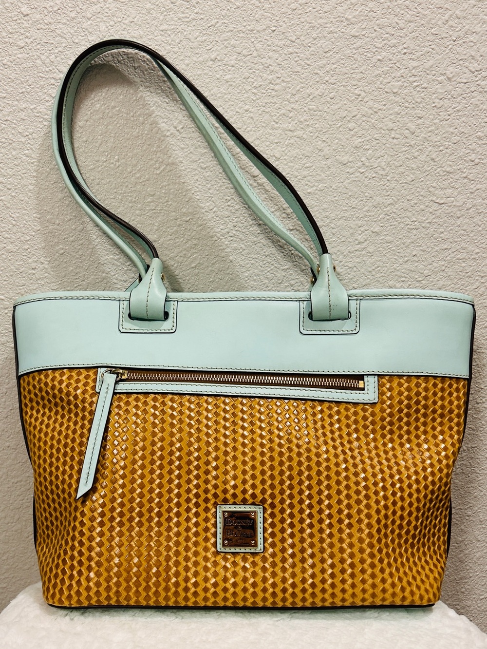 Dooney & Bourke Light Greenish Blue Block Brown Leather Tote Bag